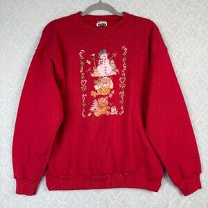 Vtg Christmas Cookie Crewneck Sweatshirt L Red Holiday Snowman Bear 90s Grandma